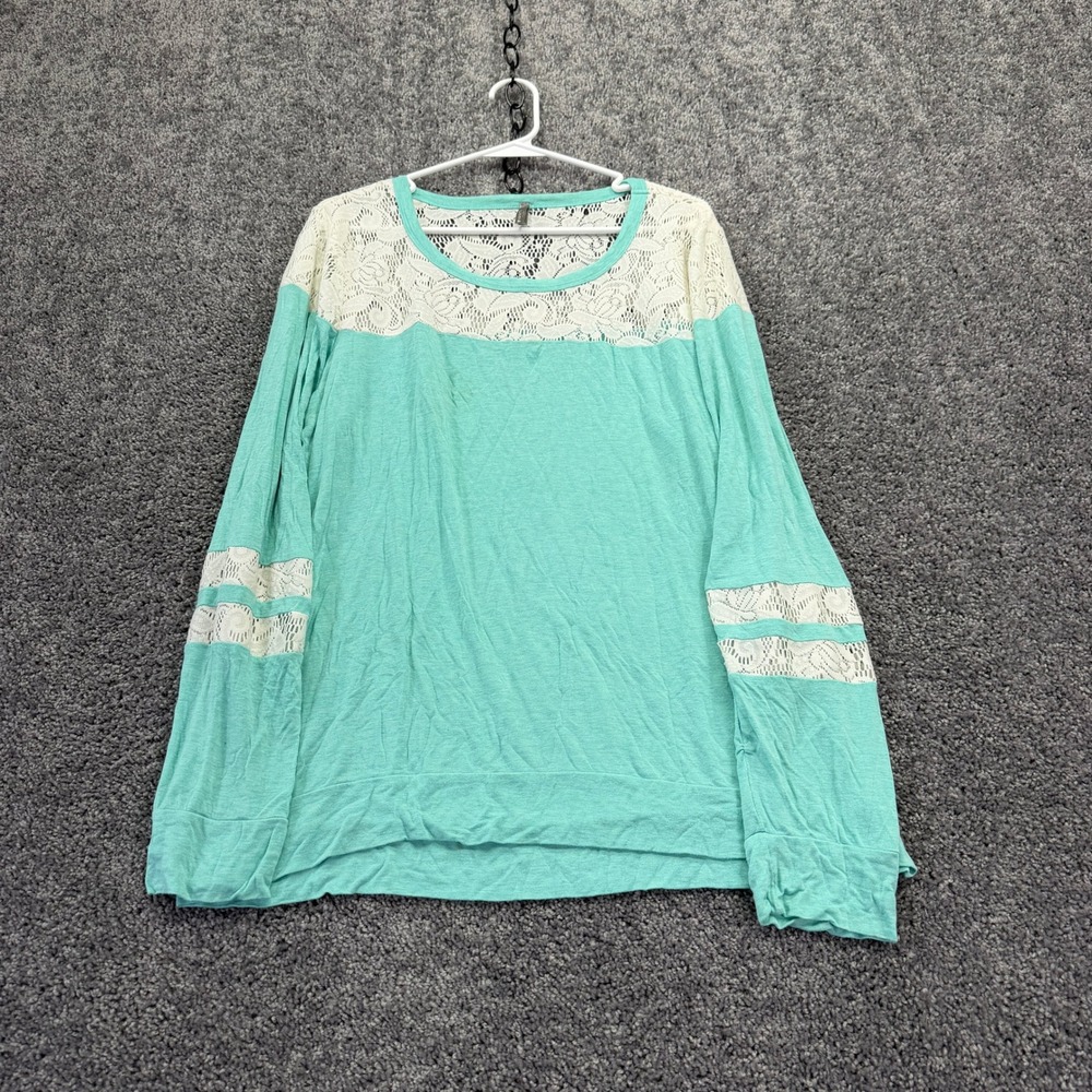 Vanity Essentials Top Womens 2XL Teal Lace Trim Long Sleeve Scoop Neck Pullover